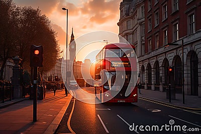 Red bus on road in London near Big Ben Clock Tower. Road traffic in London city. Cartoon Illustration