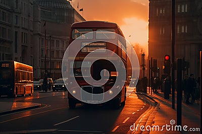 Red bus on road in London near Big Ben Clock Tower. Road traffic in London city. Cartoon Illustration