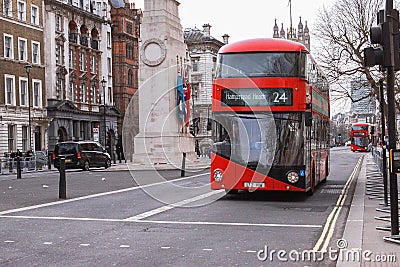 red bus routemaster on a London street Editorial Stock Photo