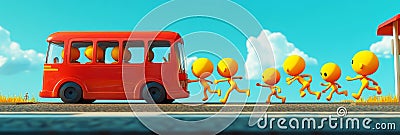 Red Bus and Running Figures A cheerful 3D animation depicting yellow figures running towards a red bus symbolizing journey Stock Photo