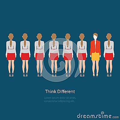 Red business woman standing different grey business women, think Vector Illustration