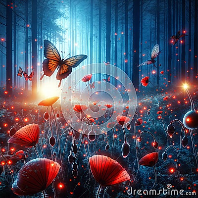 Red butterflies flutter over glowing poppies in a mystical, dark forest, generative ai Stock Photo