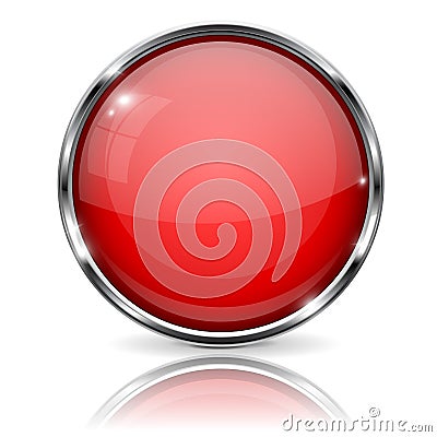 Red button with chrome frame. Round glass shiny 3d icon Vector Illustration