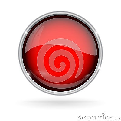 Red button with chrome frame. Round glass shiny 3d icon Vector Illustration