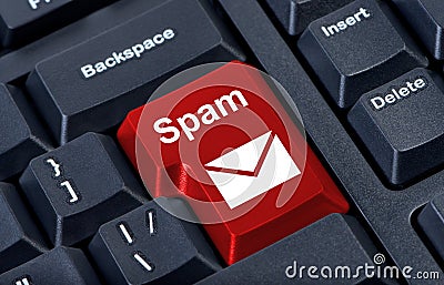 Red button spam with icon envelope. Stock Photo