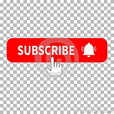 Red button subscribe icon on transparent background. subscribe, bell button and hand cursor. subscribe button sign. subscribe to Stock Photo