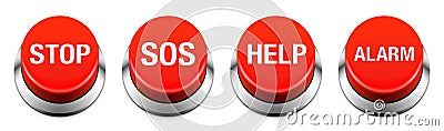 Red buzzer button vector set. Stop, SOS, Help, and Alarm buttons isolated on white background Vector Illustration