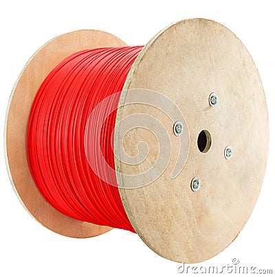 Red cable large spool, Roll - wooden spool. Stock Photo