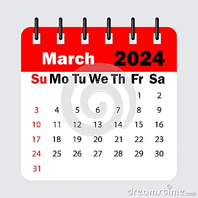 red calendar leaf spring. March 2024 calendar. Calendar sheet with days of the week. Vector illustration. Vector Illustration