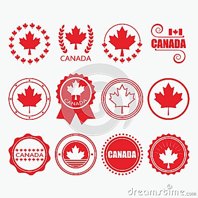 Red Canada flag emblems, stamps and design elements set Vector Illustration