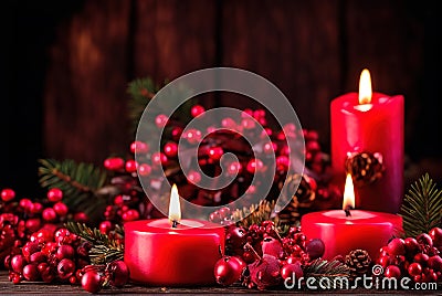 Red candles and red plant fruits for festive holiday celebration Stock Photo