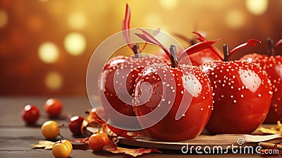 Red candy apples with sugar decor, dessert, an original treat for a festive Halloween table, fall harvest food, Thanksgiving. Stock Photo