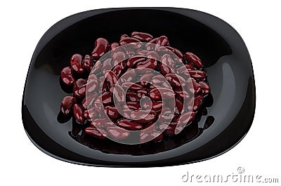 Red canned white beans in black plate isolated on white Stock Photo