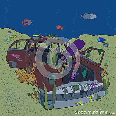 Red Car Abandoned under water with coral reef and fish digital drawing cartoon Stock Photo