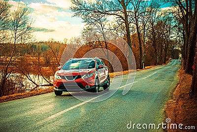 Red car and Asphalt road Stock Photo