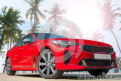 Red car on a background of palm trees. Stock Photo