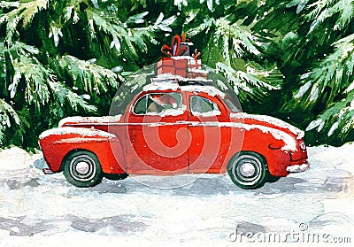 Red car with christmas gifts in green forest Stock Photo