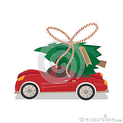 Red Car with Christmas Tree on Top Vector Illustration