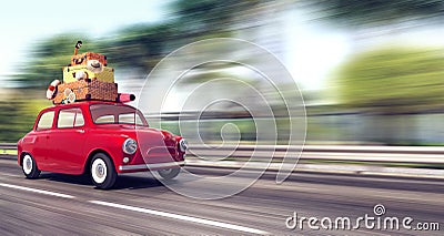 A red car with luggage on the roof goes fast on vacation Stock Photo