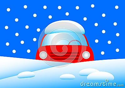 Red car in snow Vector Illustration