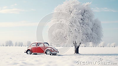 Red car in a snowy field, near a big tree covered in snow. Rural landscape on a bright and sunny cold day. Generative AI Stock Photo