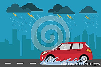 red car on the street in rainy day cityscape background. Drive safely in the rain season. Cartoon Illustration