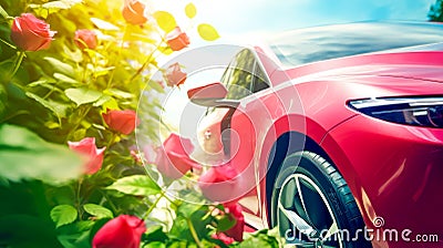 Red car on sunset summer green street background with red roses Stock Photo