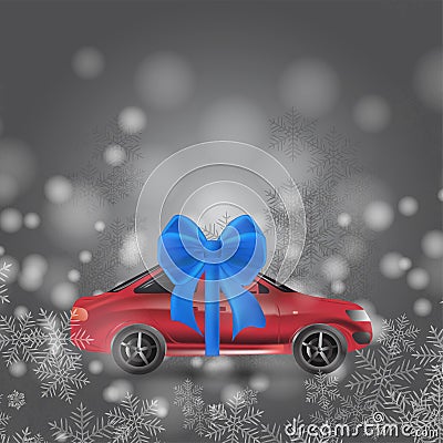 Red car, tied with a blue bow, a beautiful Christmas card. Winter background. Christmas sales, gifts. Stock Photo