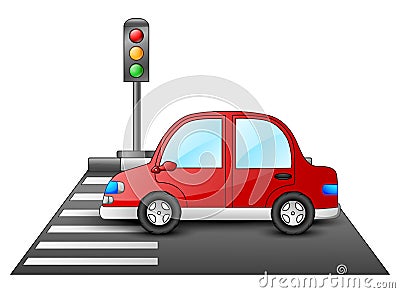 Red car and traffic lights on a pedestrian crossing Vector Illustration