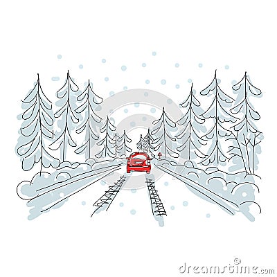 Red car on winter road, sketch for your design Vector Illustration