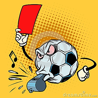 Red card referee whistle. Football soccer ball. Funny character Vector Illustration