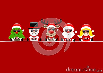 Red Card Tree Snowman Reindeer Santa And Angel With Sunglasses Vector Illustration