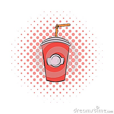 Red cardboard cup with a straw comics icon Vector Illustration