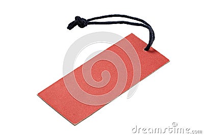 Red cardboard label with slim rope isolated on white background. Price tag or address label on white background Stock Photo