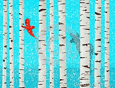 A red cardinal bird and a white tail deer are seen among paper birch trees Cartoon Illustration