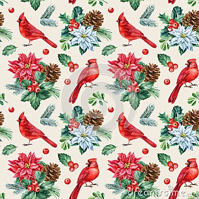 Red cardinal birds, Christmas seamless pattern, watercolor illustration. spruce branches, holly and poinsettia Cartoon Illustration