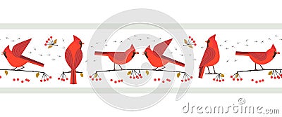 Red cardinal birds cute seamless vector border Vector Illustration