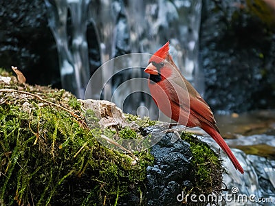 Red cardinal perches on a mossy rock Stock Photo