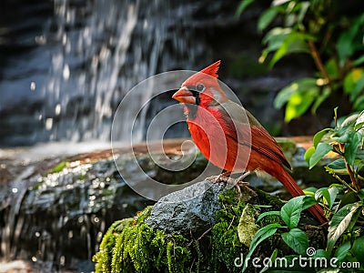 Red cardinal perches on a mossy rock Stock Photo