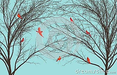 Red cardinals gather in the limbs of leafless trees in winter Cartoon Illustration