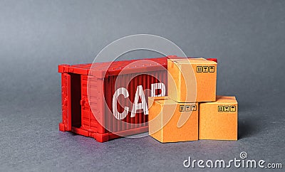 Red cargo container with boxes. The concept of commerce and trade, cargo delivery, exchange of goods. Globalization. Performance Stock Photo