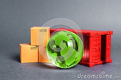 Red cargo container with boxes and green planet earth glass ball. Business and industry, transport infrastructure. Stock Photo