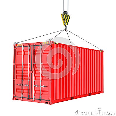 Red Cargo Container Hoisted By Hook Stock Photo