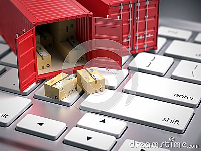 Red cargo freight shipping container on computer keyboard. Cargo shipping logistic concept Stock Photo