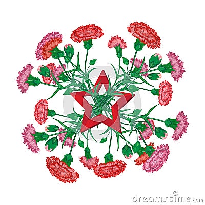 Red carnation bouquet with Saint George ribbon and soviet star to 9 May Victory Day Russian national holiday celebration greeting Vector Illustration