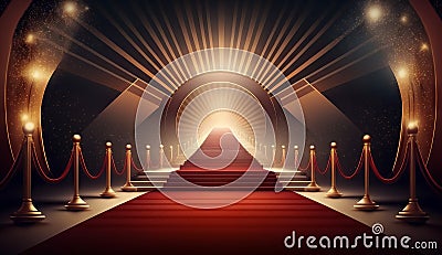 Red Carpet Bollywood Stage. Steps Spot Lights. Golden Royal Awards Graphics Background. Generative ai Stock Photo