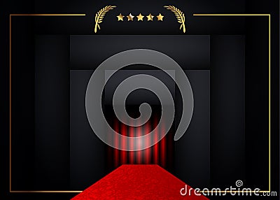 Red carpet concept background, golden frame and gold stars with black background. VIP entry Vector Illustration