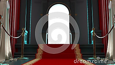 red carpet with golden barrier leading to shining open door, success concept, Stock Photo