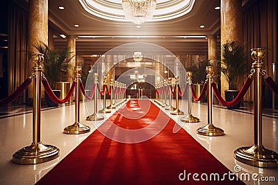 Red carpet with golden barriers and red ropes. Marking the route for celebrities, heads of state on ceremonial events, formal Stock Photo