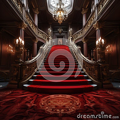 Red Carpet in a Grand Hall with a Beautiful Crystal Chandelier in a Luxury Mansion Stock Photo